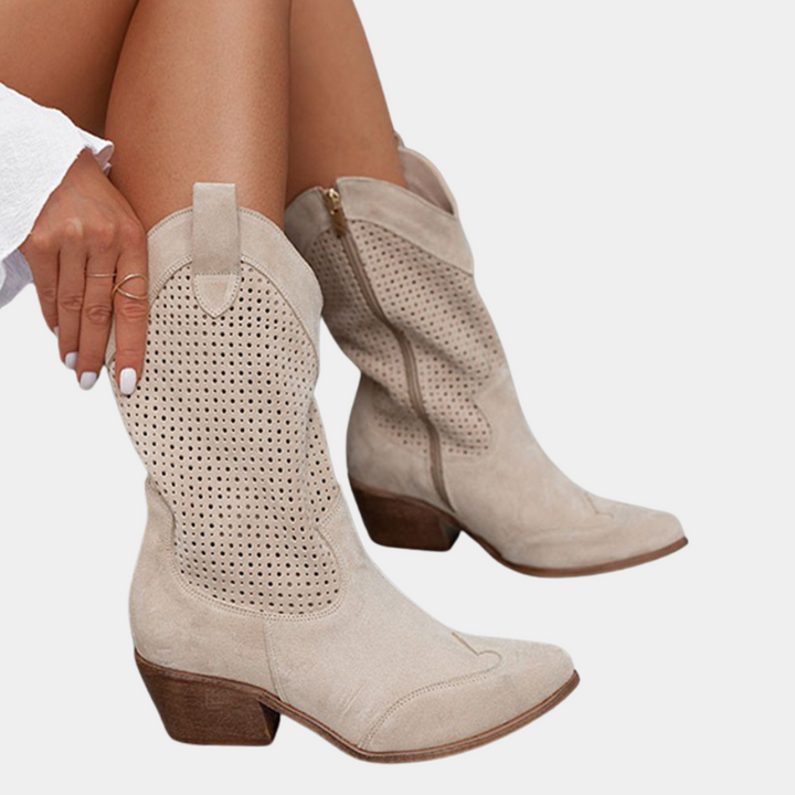 Kängor För Kvinnor | Mid Calf Blockklack Med Perforerad Skaft