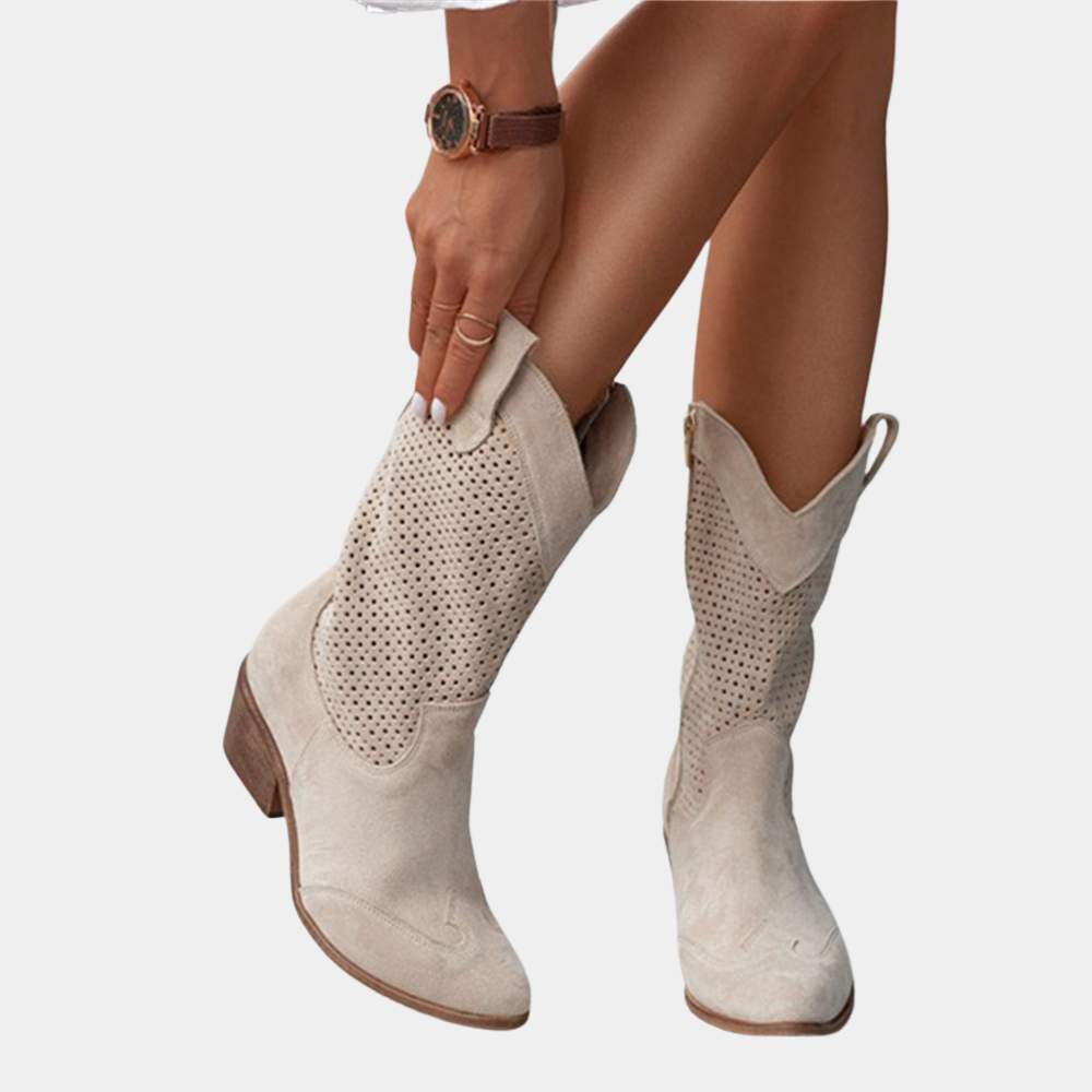 Kängor För Kvinnor | Mid Calf Blockklack Med Perforerad Skaft