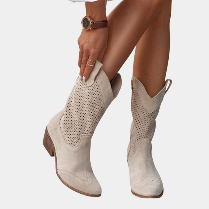 Kängor För Kvinnor | Mid Calf Blockklack Med Perforerad Skaft