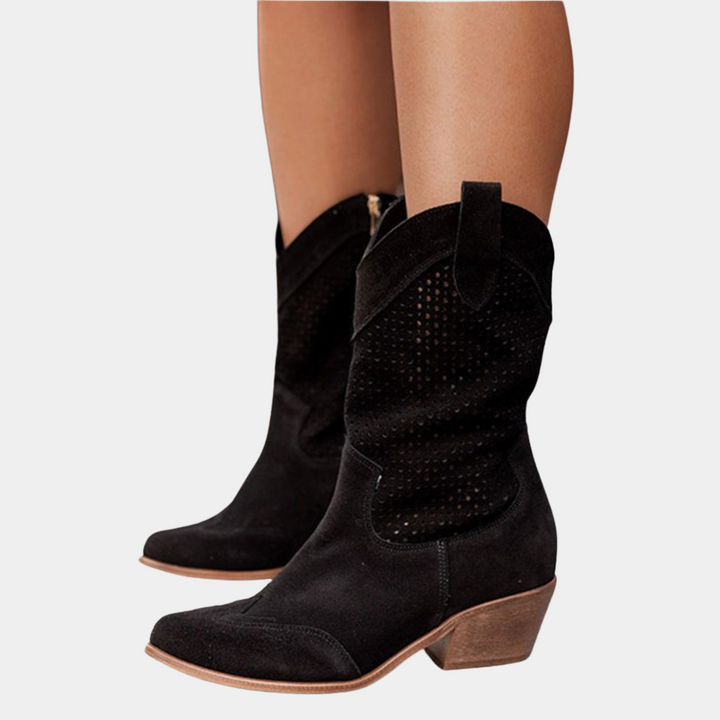 Kängor För Kvinnor | Mid Calf Blockklack Med Perforerad Skaft