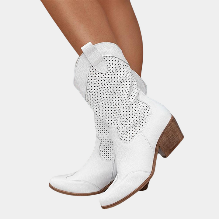 Kängor För Kvinnor | Mid Calf Blockklack Med Perforerad Skaft