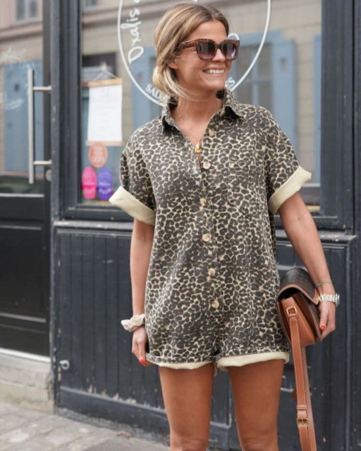 Kvinnors Playsuit | Leopard Knapp Främre
