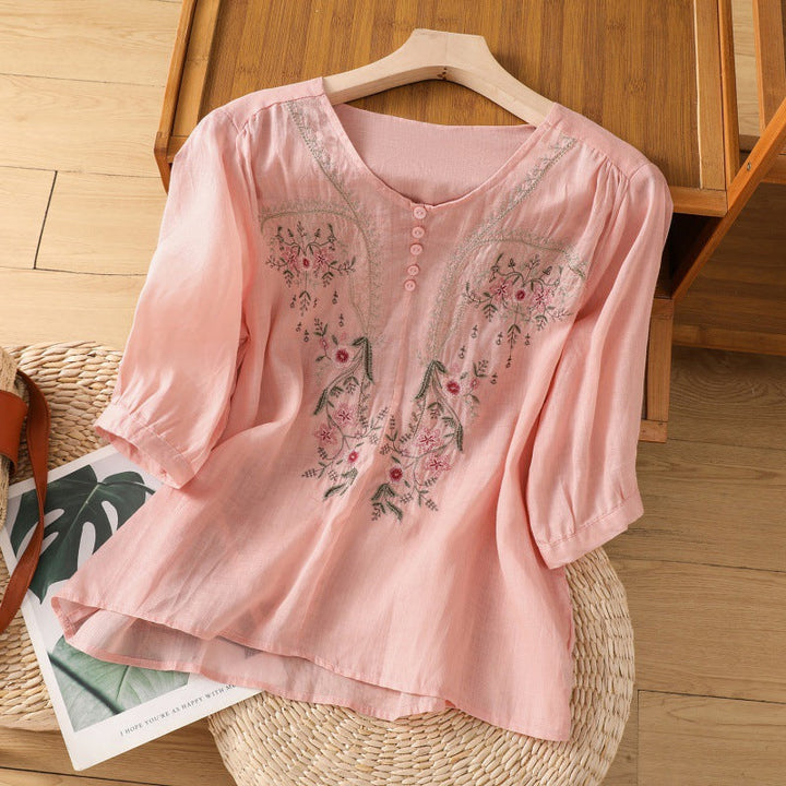 Kvinnors Blus | Broderad Rund Hals