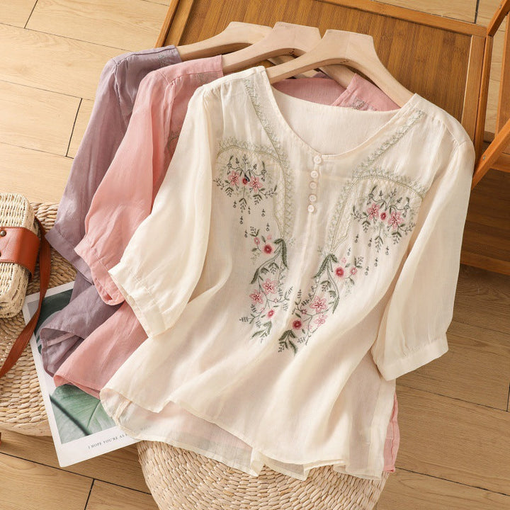 Kvinnors Blus | Broderad Rund Hals