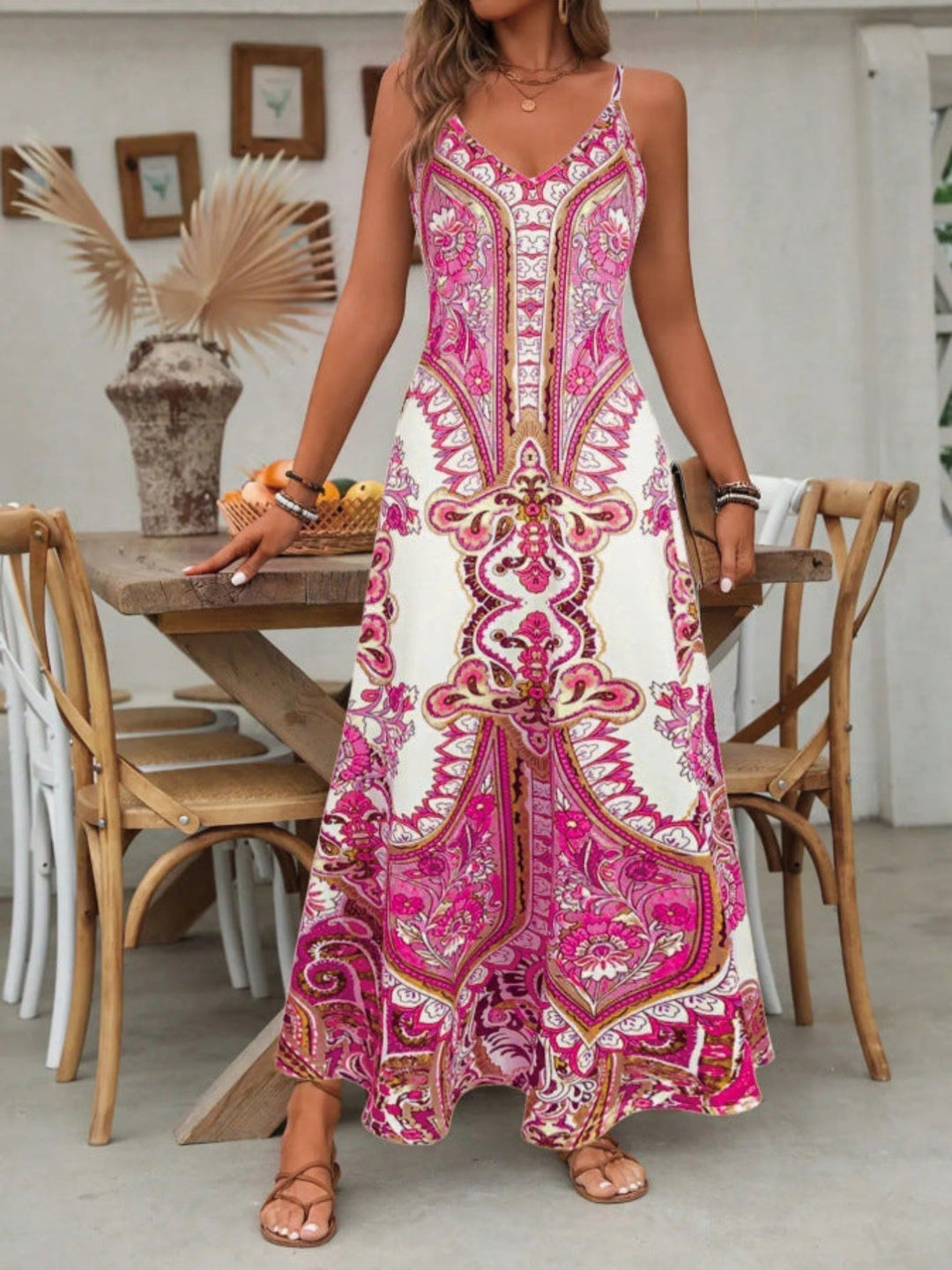 Kvinnors Boho Maxi Klänning | Paisley V-Hals
