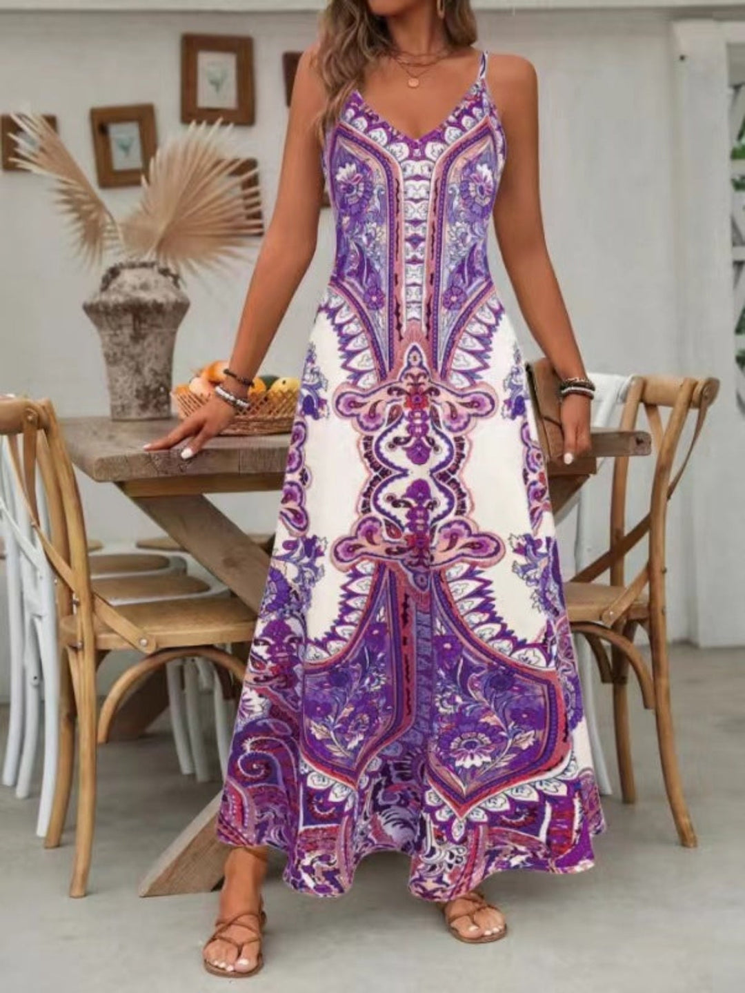 Kvinnors Boho Maxi Klänning | V-Hals Paisley