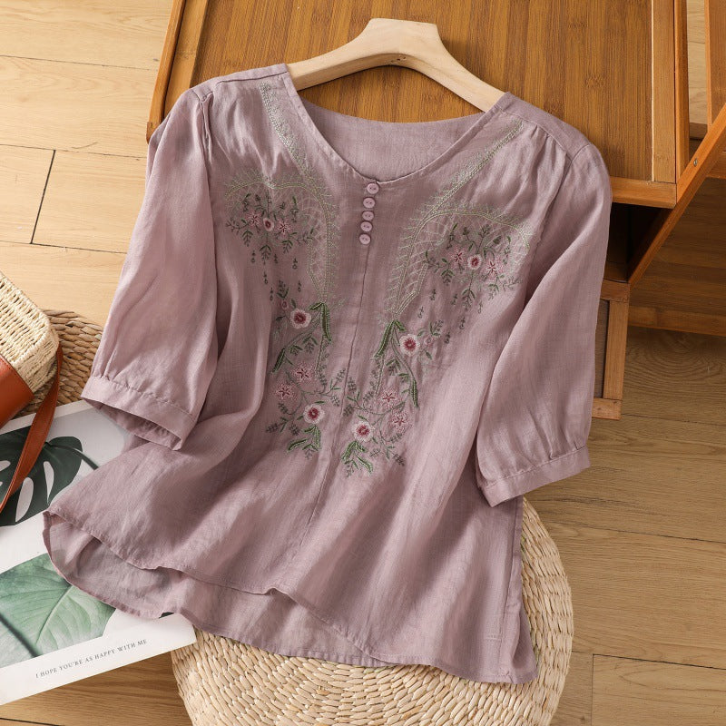 Kvinnors Blus | Broderad Rund Hals