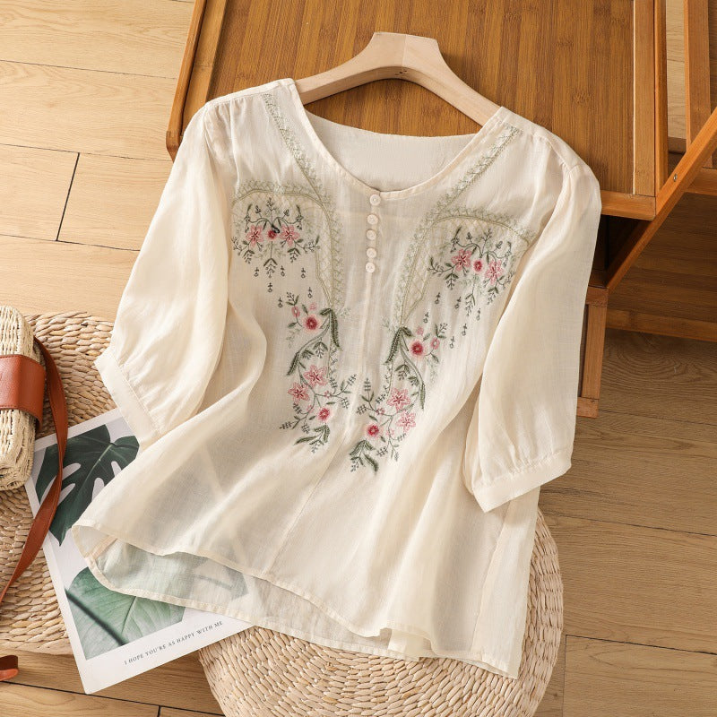 Kvinnors Blus | Broderad Rund Hals