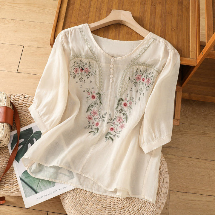 Kvinnors Blus | Broderad Rund Hals