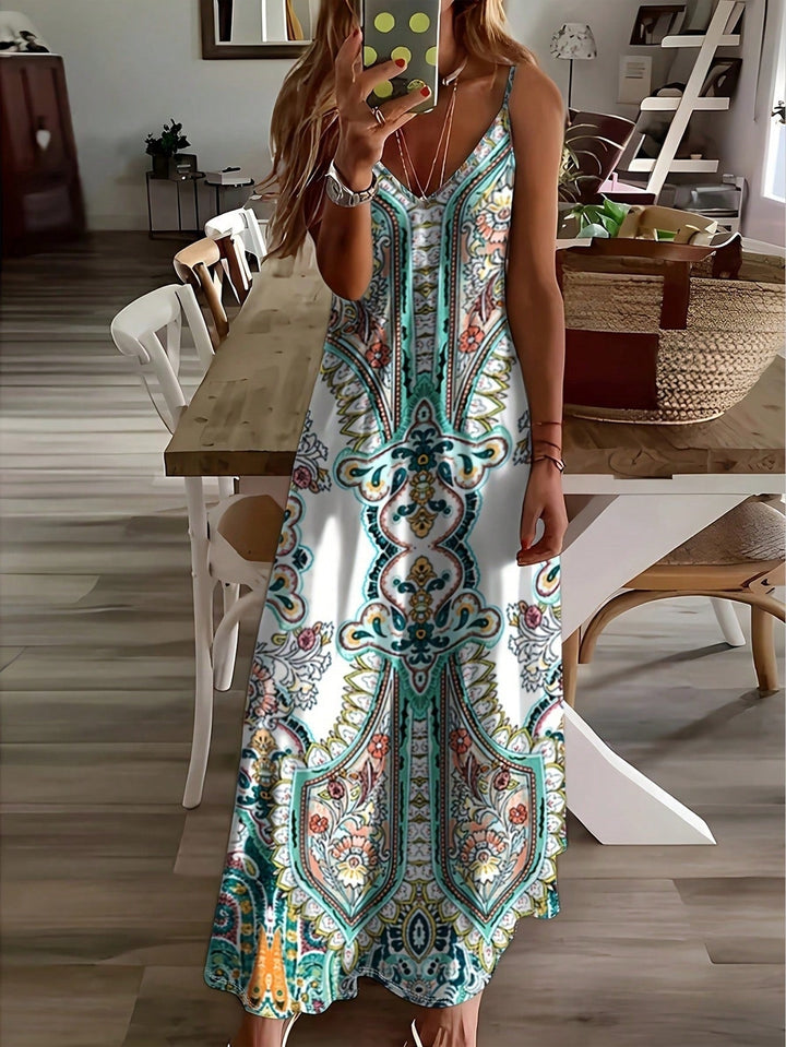Kvinnors Boho Maxi Klänning | V-Hals Paisley