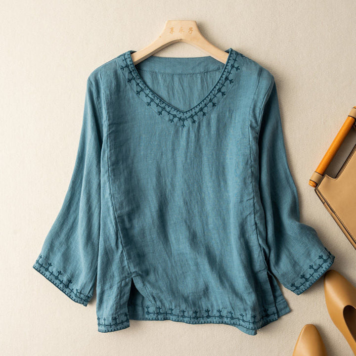 Kvinnors Blus | Broderad V-Hals