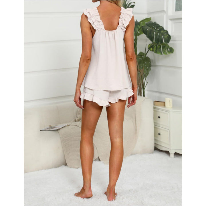 Kvinnors Lounge Set | Volangkant Ärm-lös Topp Shorts