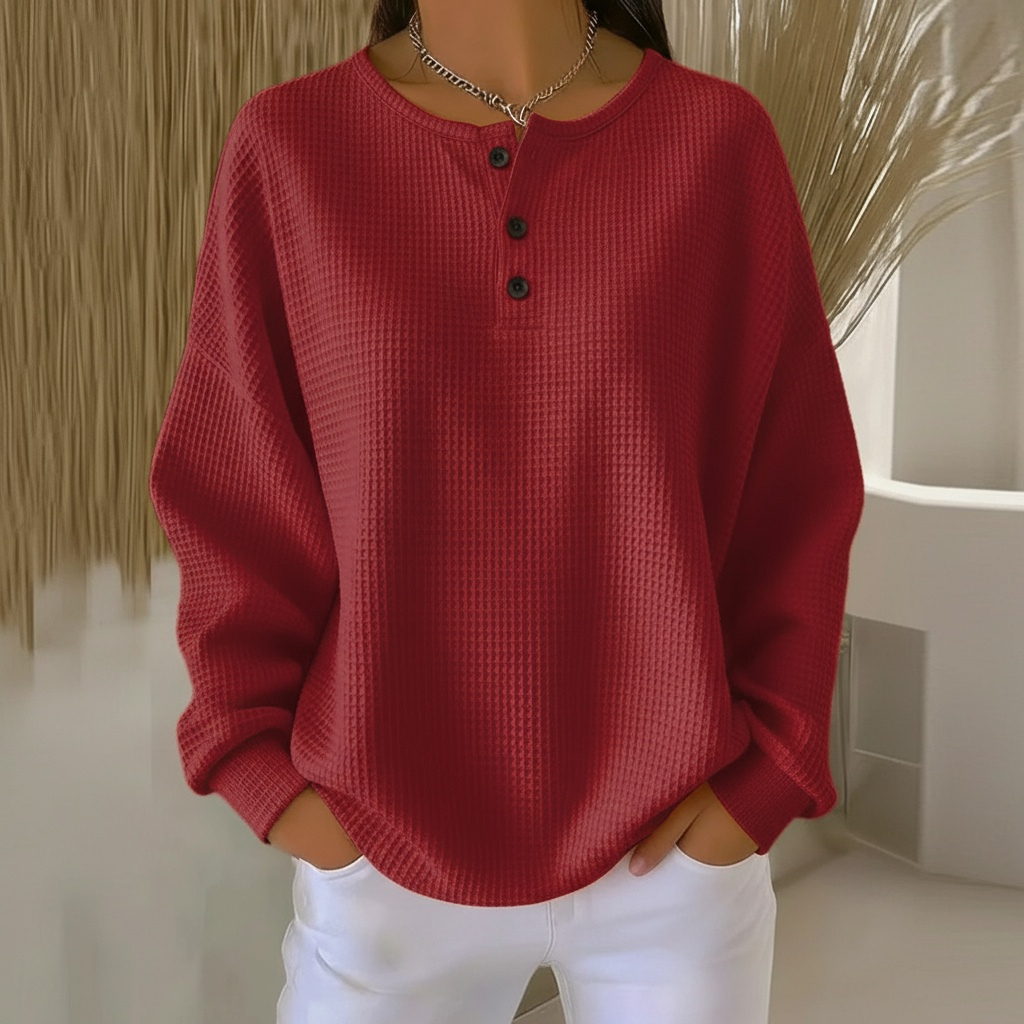 Kvinnors Sweatshirt | Vaffelstickad Knapp Framsidan