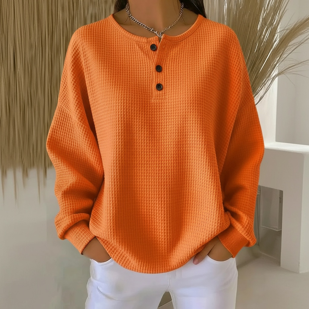Kvinnors Sweatshirt | Vaffelstickad Knapp Framsidan