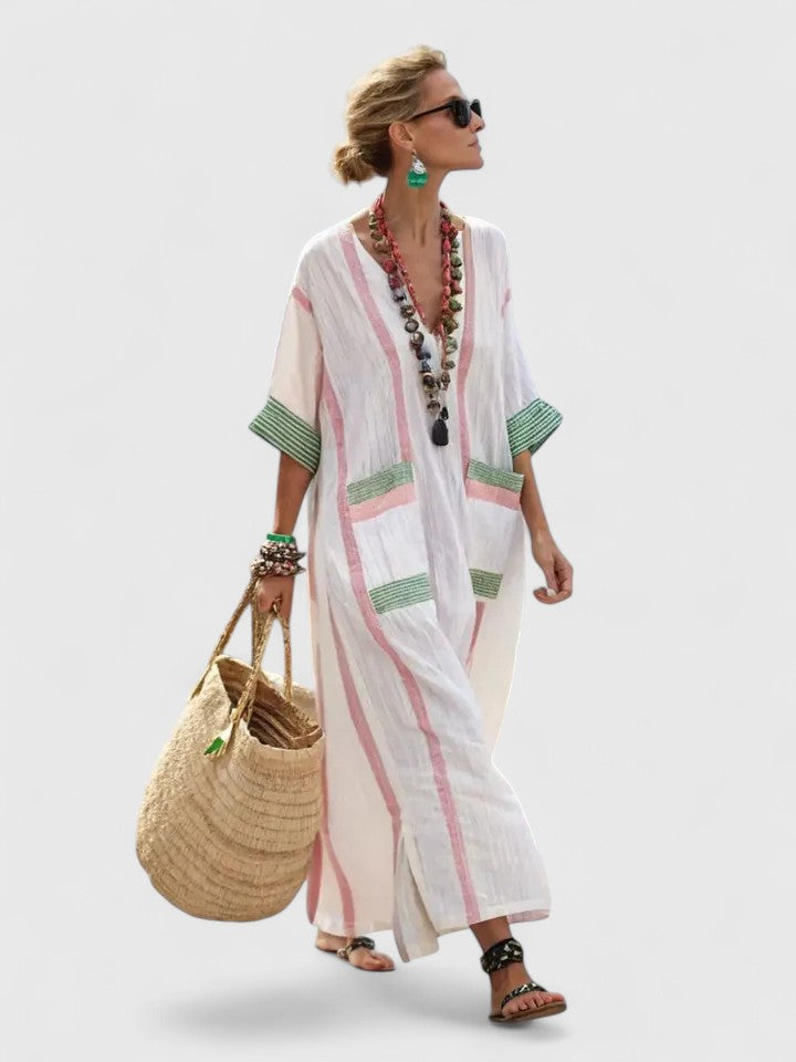 Kvinnors Maxi Sommardress | V-Hals Randig Kaftan