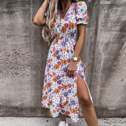 Kvinnors Boho Midi Klänning | V-ringad Smockad Blommig
