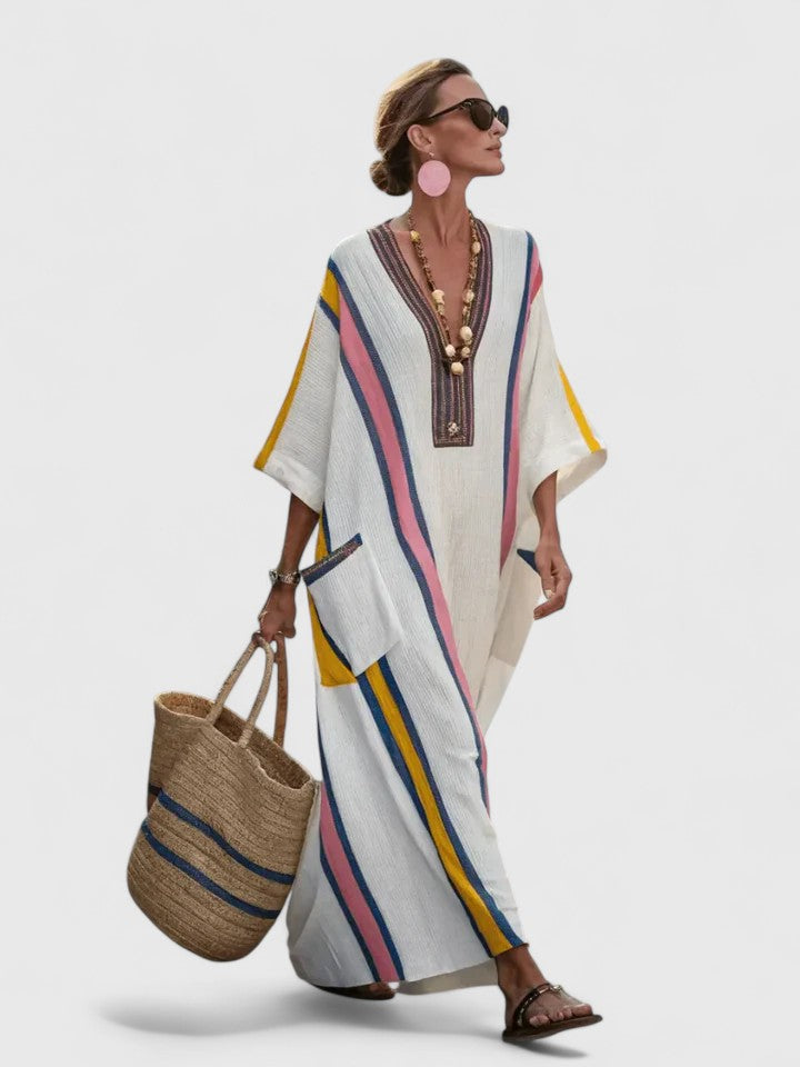 Kvinnors Maxi Sommardress | V-Hals Randig Kaftan