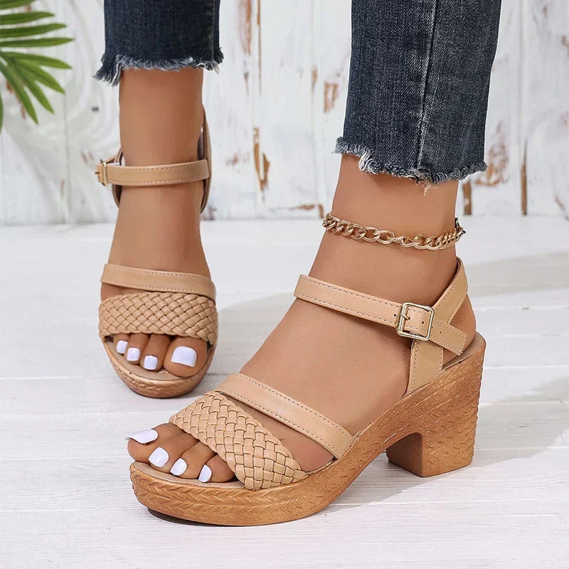 Sandaler för kvinnor | Flätad rem blockklackstil