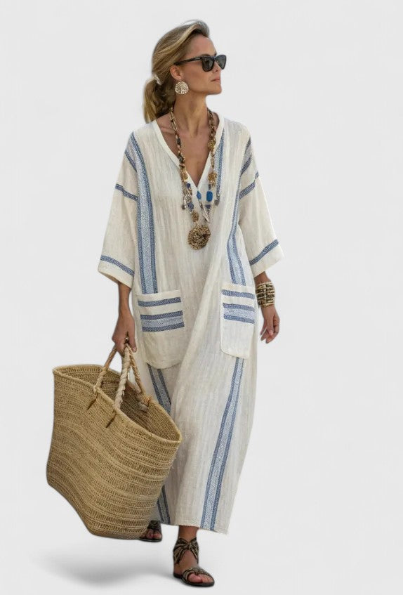 Kvinnors Maxi Sommardress | V-Hals Randig Kaftan