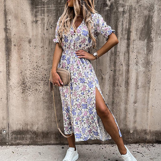 Kvinnors Boho Midi Klänning | V-ringad Smockad Blommig