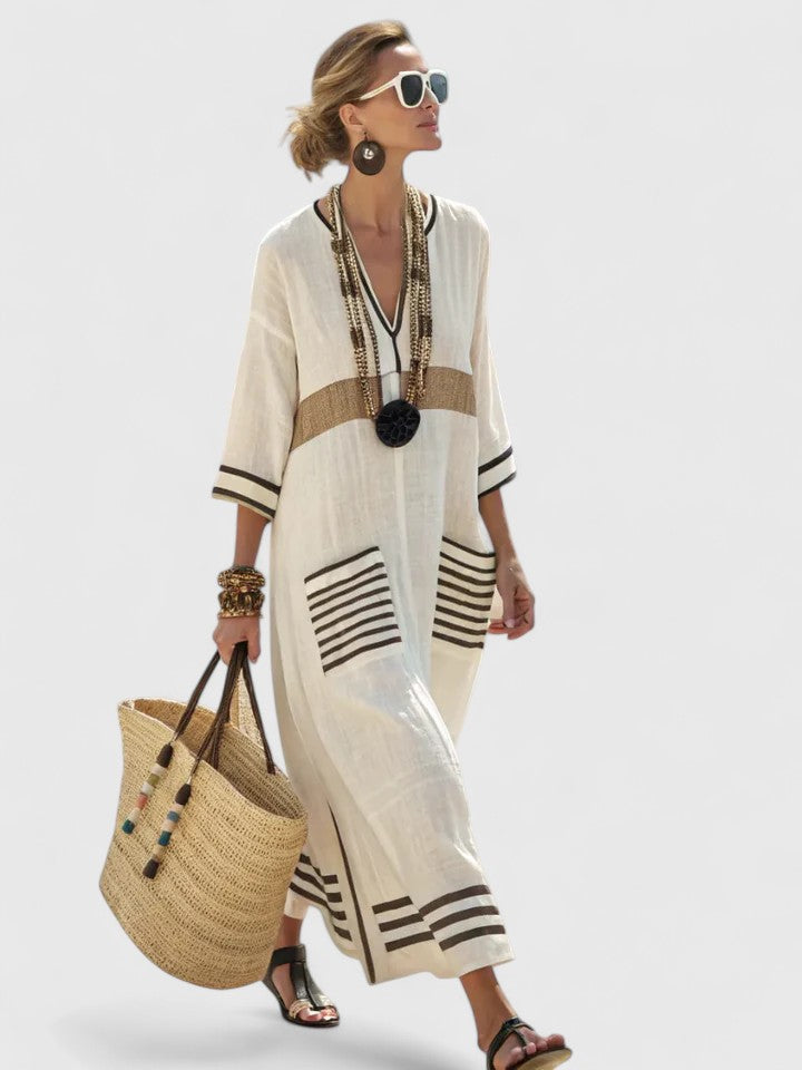 Kvinnors Maxi Sommardress | V-Hals Randig Kaftan
