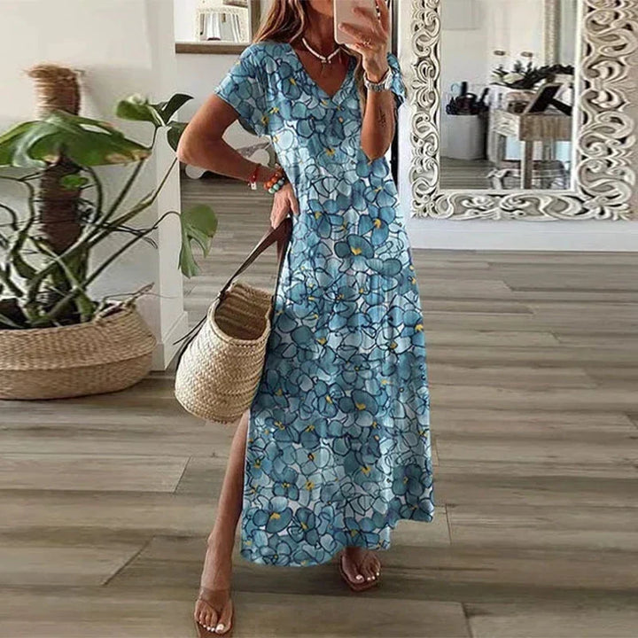 Kvinnors Boho Maxi Klänning | V-Hals Kort Ärmar