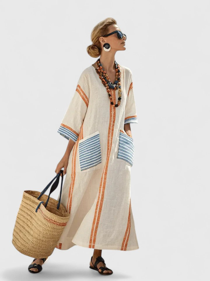Kvinnors Maxi Sommardress | V-Hals Randig Kaftan