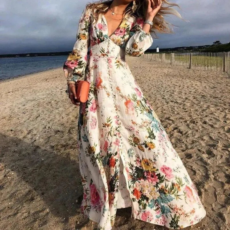 Kvinnors Strand Maxi Klänning | Långärmad Blommig