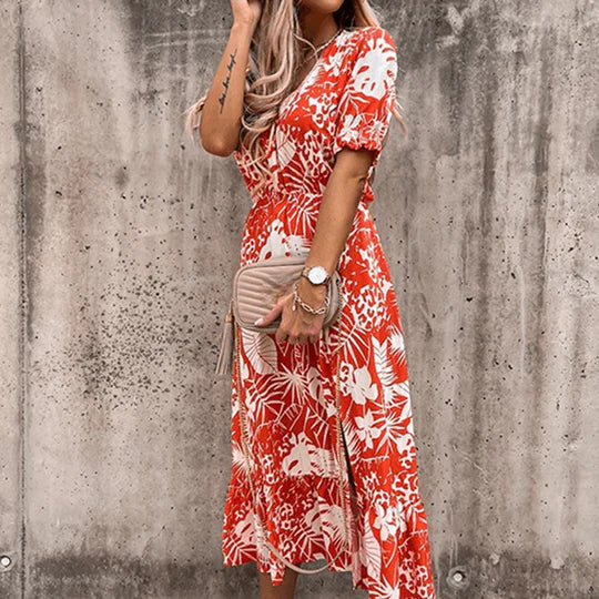 Kvinnors Boho Midi Klänning | V-ringad Smockad Blommig