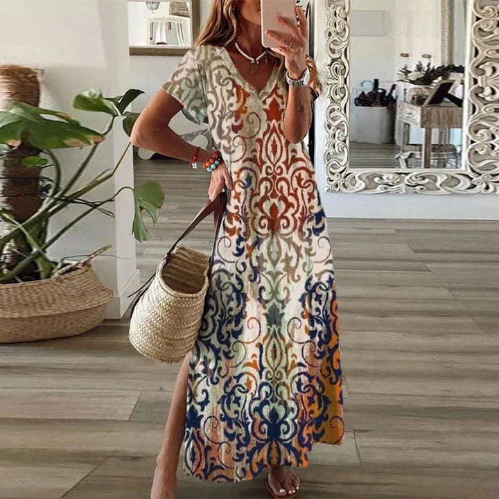 Kvinnors Boho Maxi Klänning | Korta Ärmar