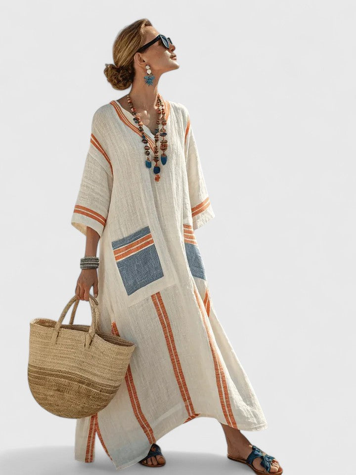 Kvinnors Maxi Sommardress | V-Hals Randig Kaftan