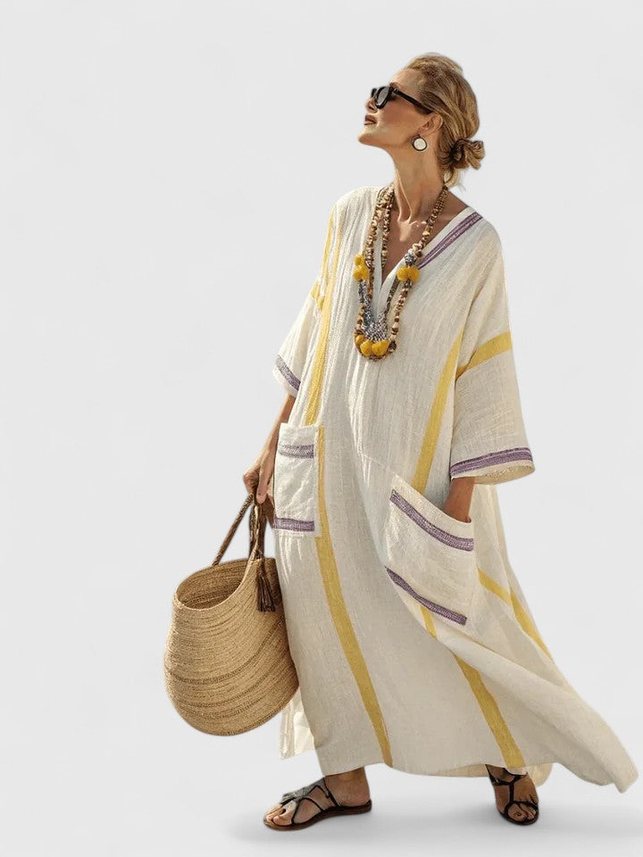Kvinnors Maxi Sommardress | V-Hals Randig Kaftan
