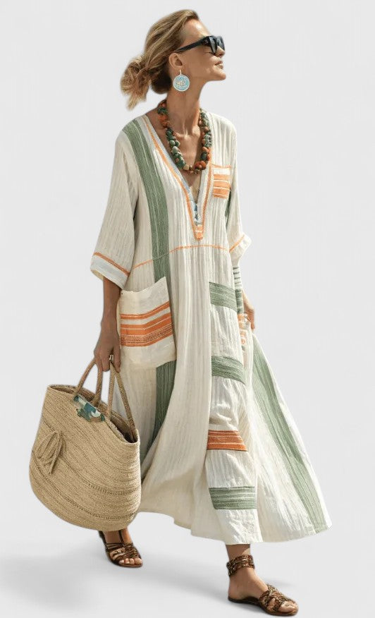 Kvinnors Maxi Sommardress | V-Hals Randig Kaftan