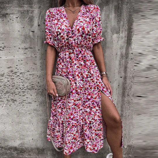 Kvinnors Boho Midi Klänning | V-ringad Smockad Blommig