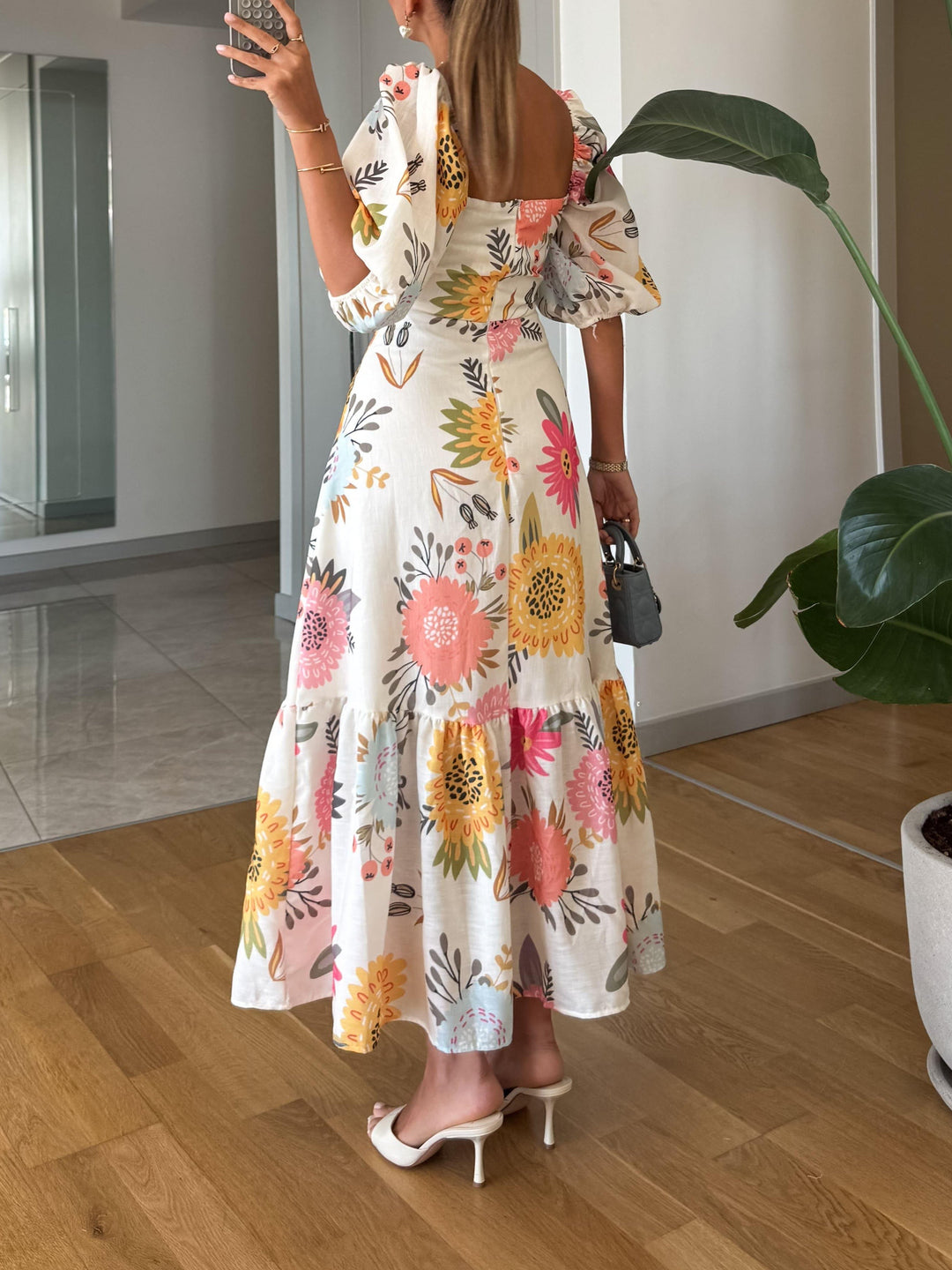 Kvinnors Klänning | Fyrkantig Halsringning Blommig Midi