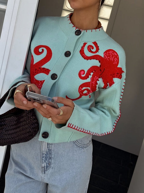 Dam Cardigan | Bläckfiskmönster Stickad