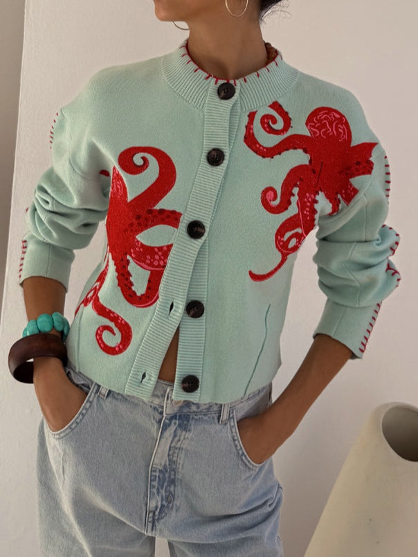 Dam Cardigan | Bläckfiskmönster Stickad