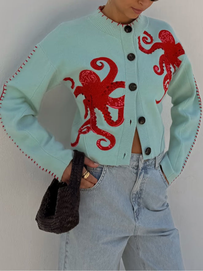 Dam Cardigan | Bläckfiskmönster Stickad