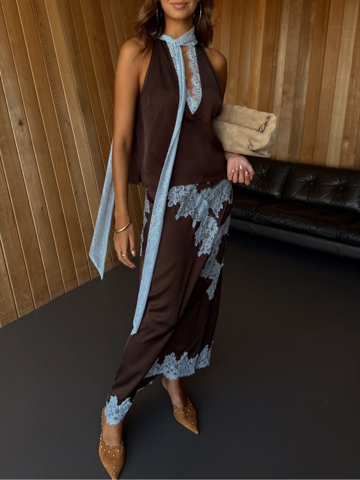 Kvinnors Tvådelade Set | Halterneck med Scarf och Kjol