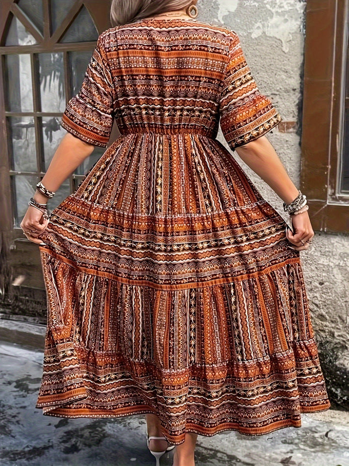 Kvinnors Boho Midi Klänning | Flödande Tryckt