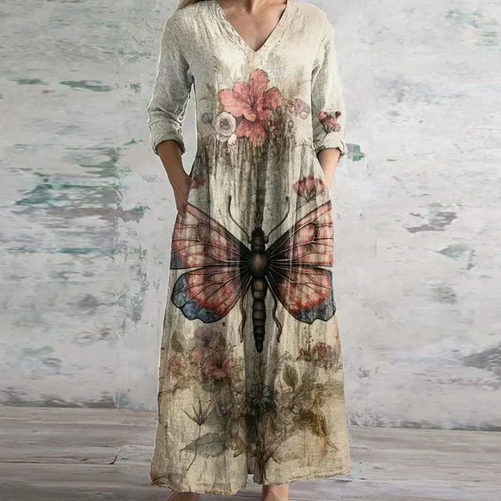 Kvinnors Klänning | Patchwork Maxi V-hals Långärmad
