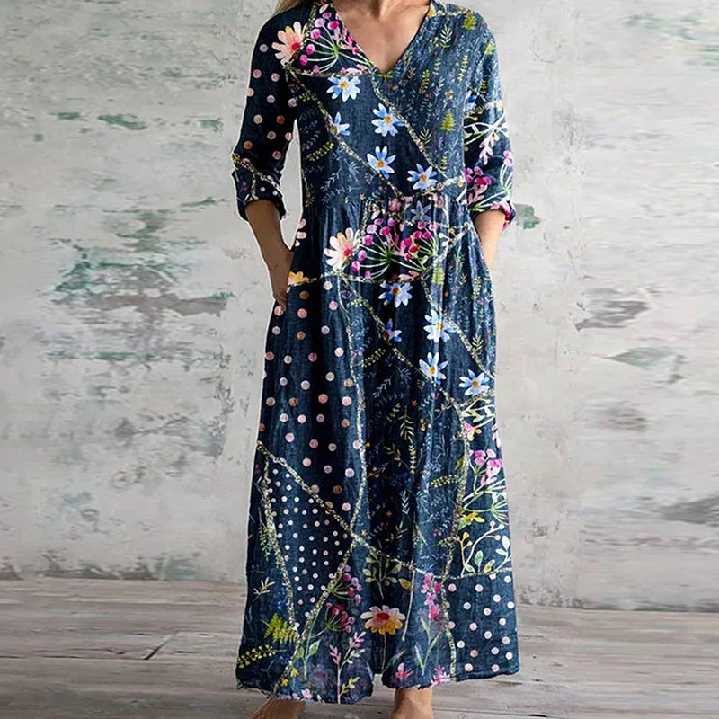 Kvinnors Klänning | Patchwork Maxi V-hals Långärmad