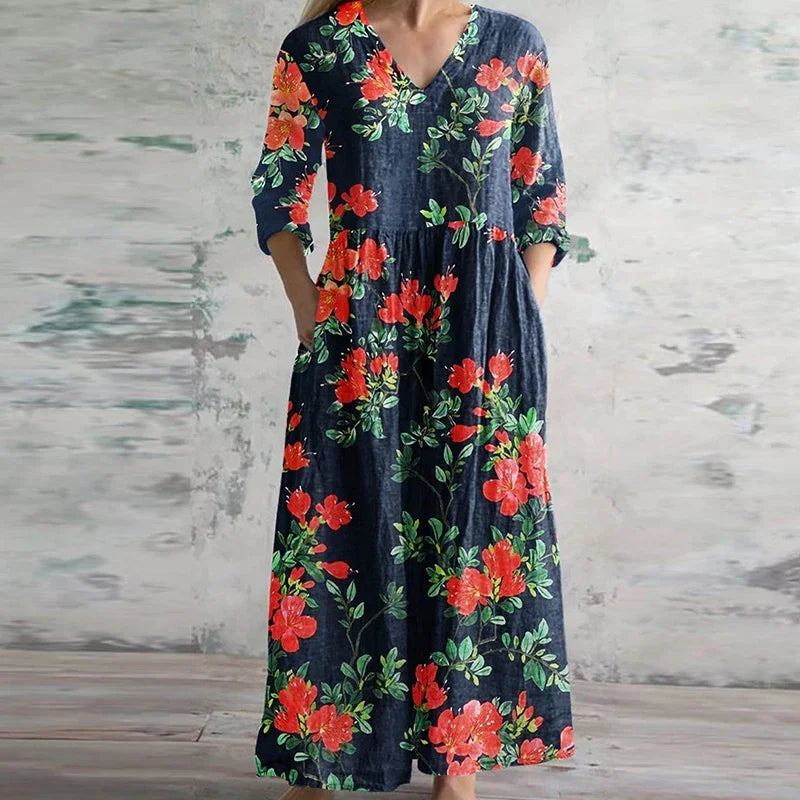 Kvinnors Klänning | Patchwork Maxi V-hals Långärmad