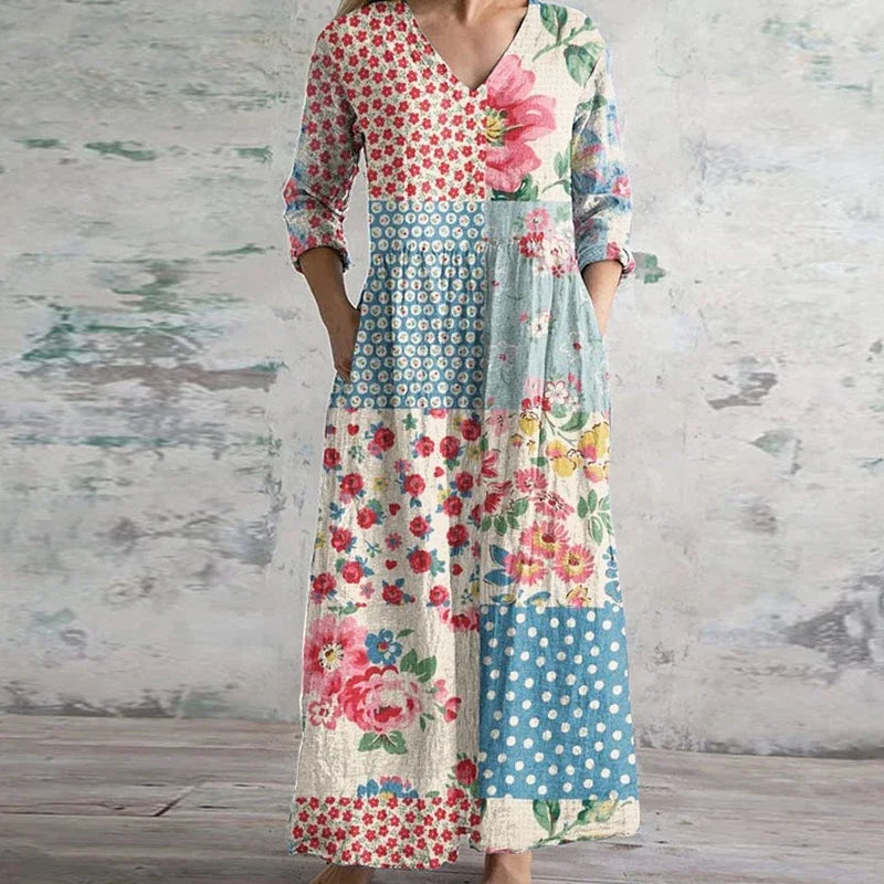 Kvinnors Klänning | Patchwork Maxi V-hals Långärmad