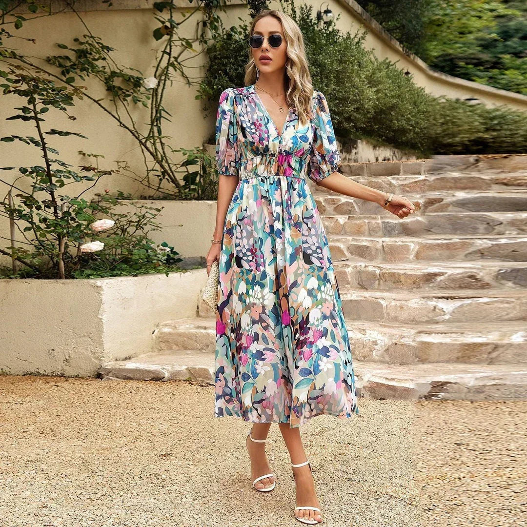 Kvinnors Midi Sommardress | V-ringad Avslappnad