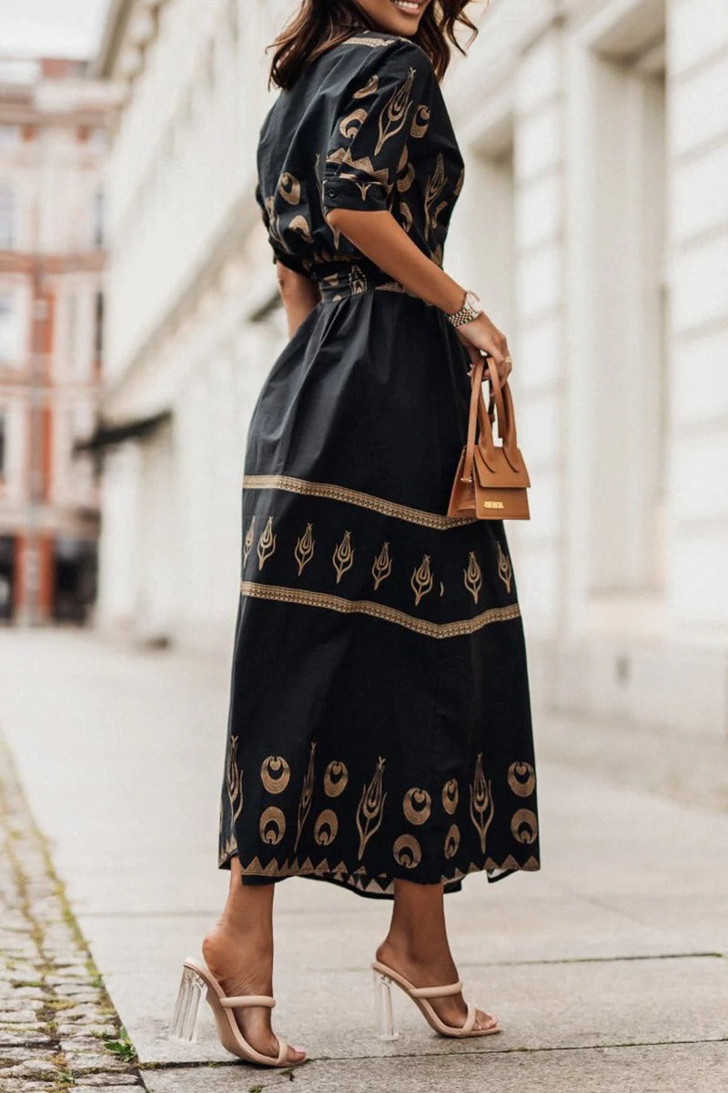 Kvinnors Boho Midi Klänning | Tryckt Med Bälte