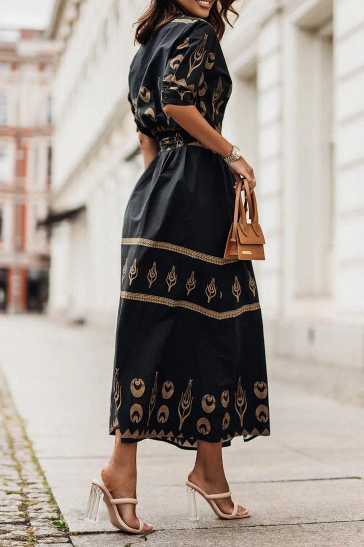 Kvinnors Boho Midi Klänning | Tryckt Med Bälte
