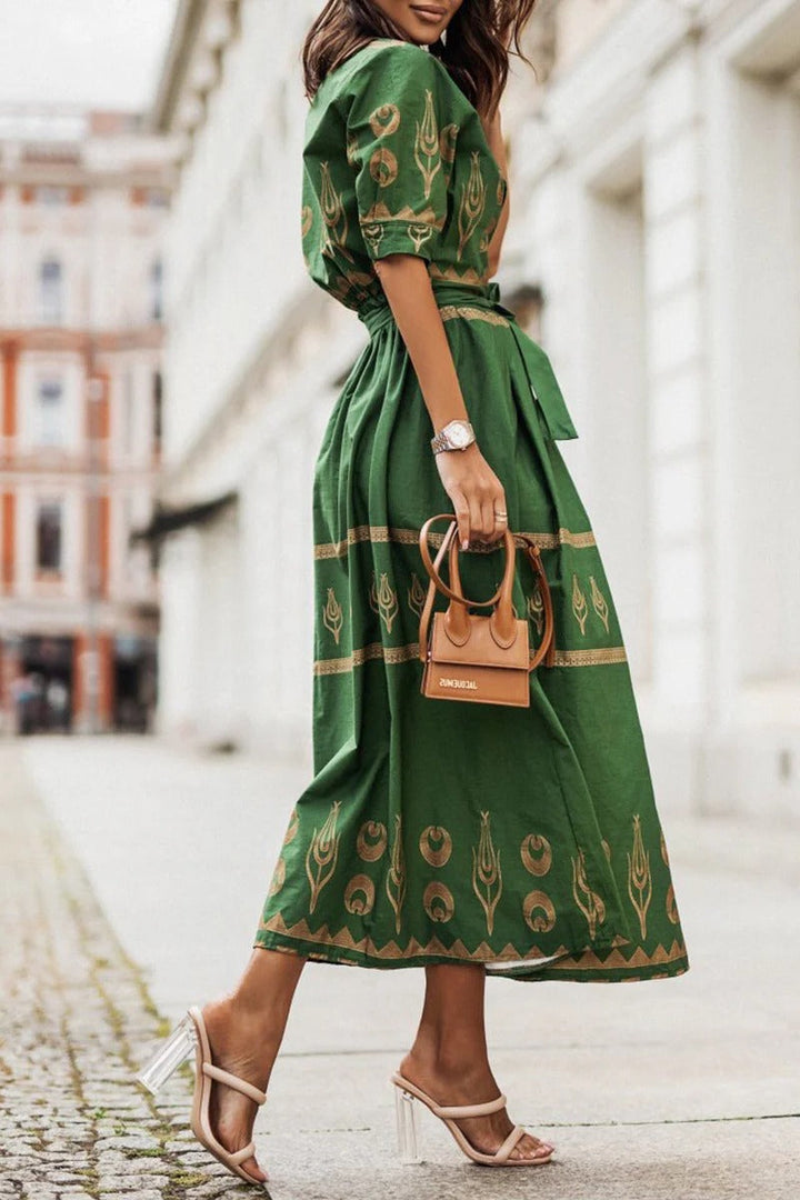 Kvinnors Boho Midi Klänning | Tryckt Med Bälte