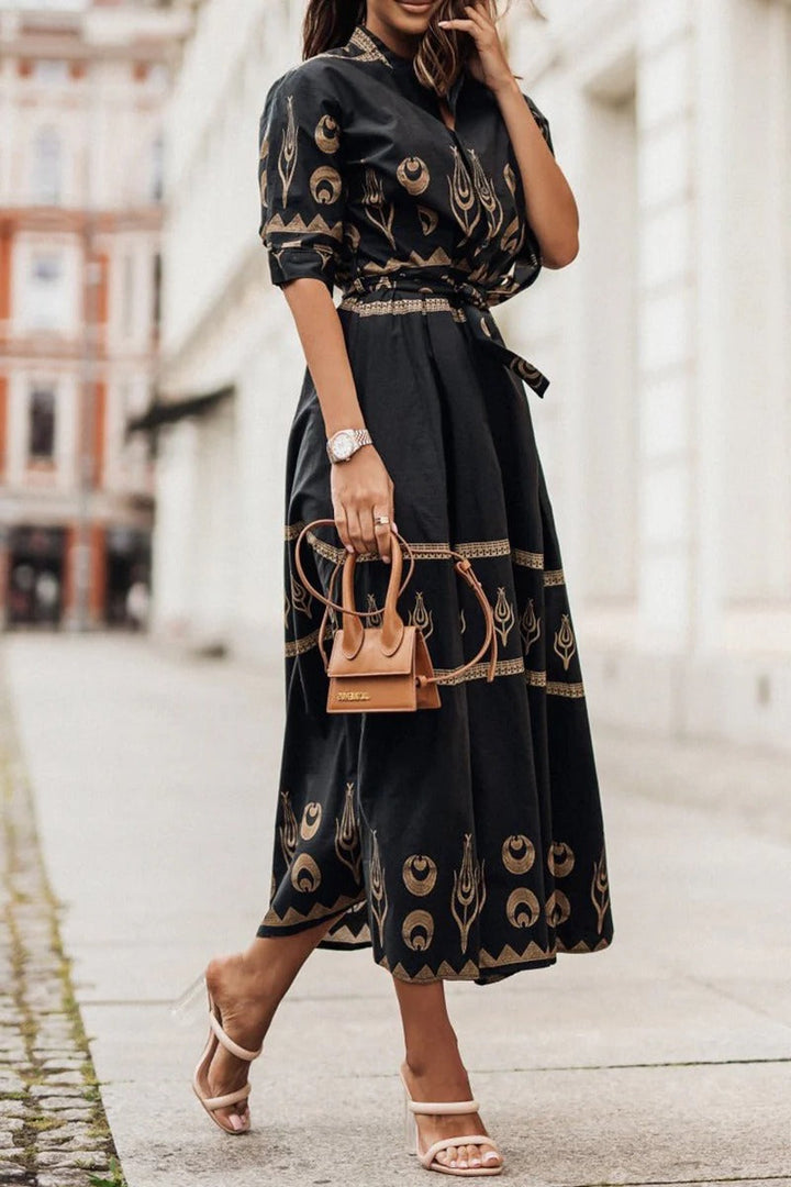 Kvinnors Boho Midi Klänning | Tryckt Med Bälte