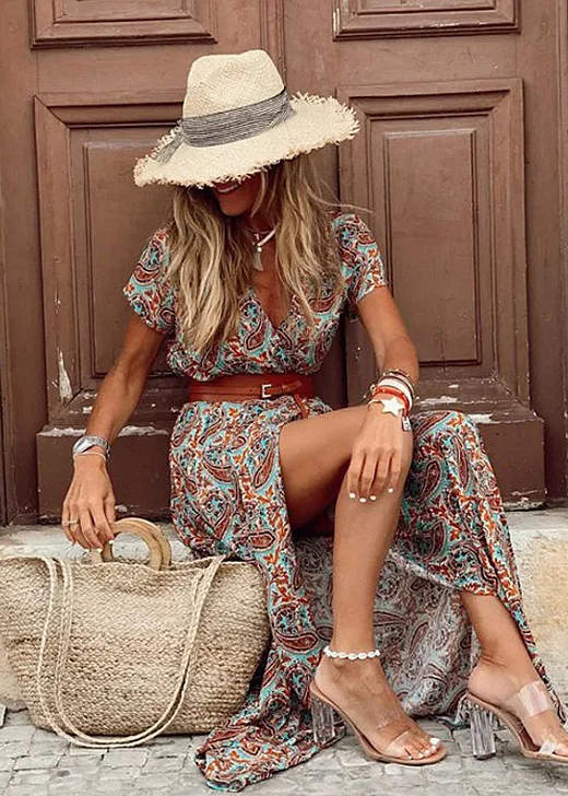 Kvinnors Klänning | Boho V-ringad Maxi med Bälte